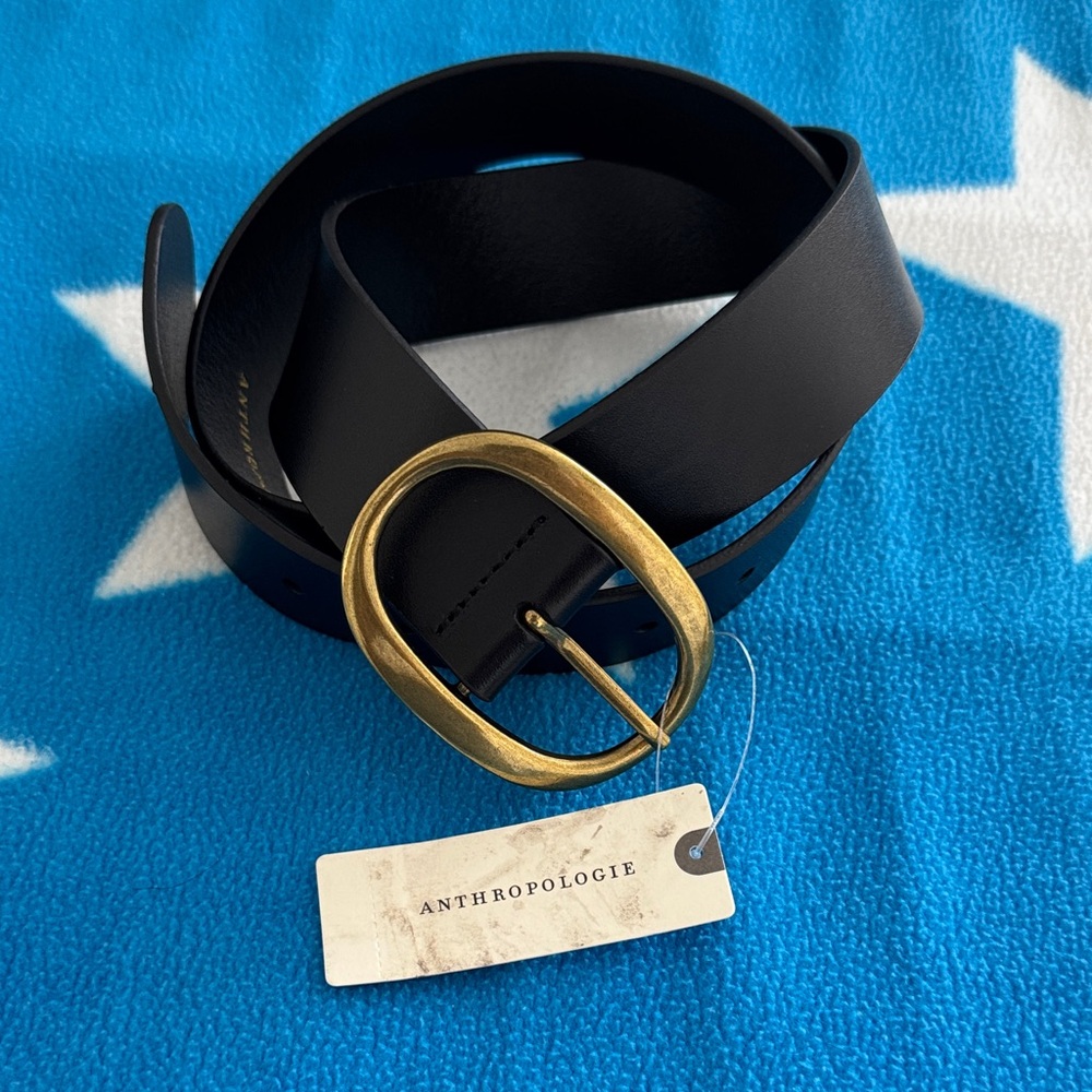 Anthropologie Black Leather Belt with Gold Oval Buckle
